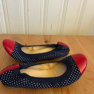 J. Crew Womens Size 8.5 Mila Ballet Flat Navy White Polka Dot Red Patent Cap Toe